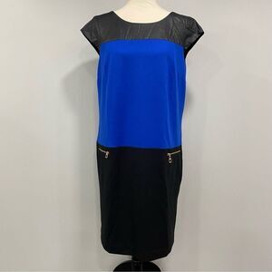 Y2K Women’s 12 Blue Black Mixed Media Sheath Power Dress Stretch Corp Core Siren